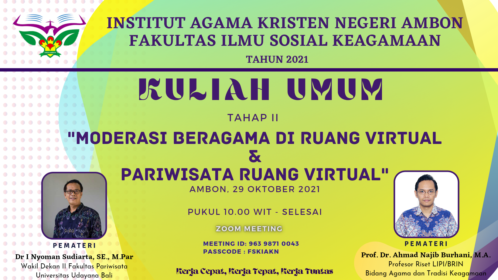 Prof. Dr. Ahmad Najib Burhani, M.A. dan Dr. I Nyoman Sudiarta, SE. M.Par menjadi pemateri pada kuliah Umum Fakultas Ilmu sosial Keagamaan Institut Agama Kristen Negeri Ambon